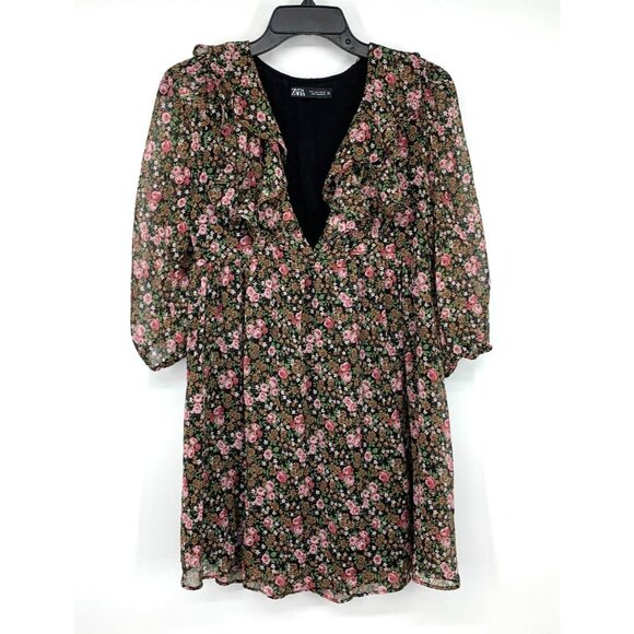 Zara Dress Black Floral Print 3/4 Sleeve V Neck Mini Lined - Picture 2 of 13